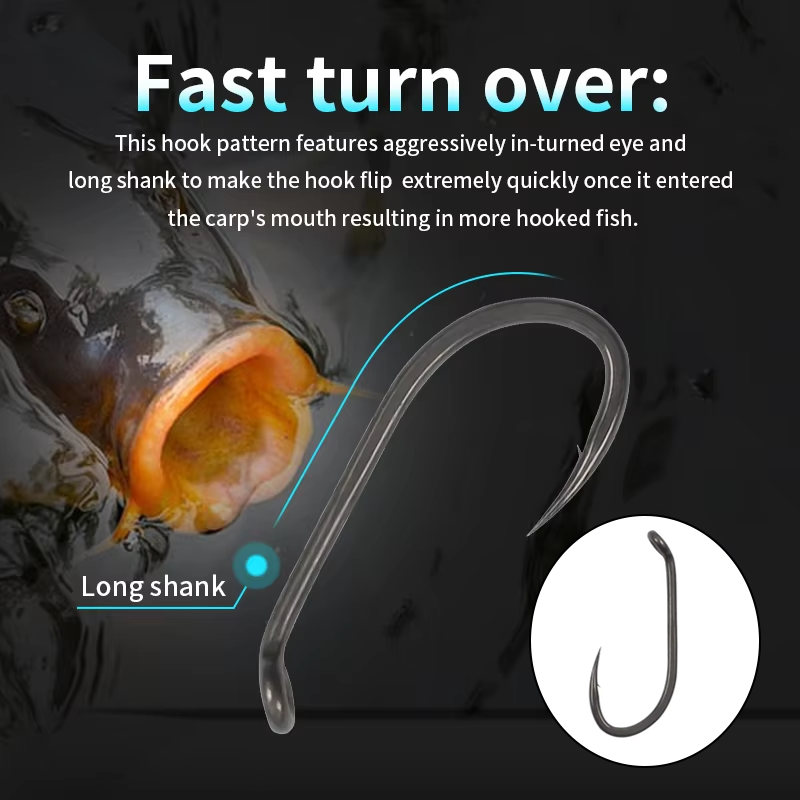 10pcs Carp Fishing Hook Curved Long Shank Beak Point PTFE Coating Micro Barbed Size 2/4/6/8 For Loop Hair Rig