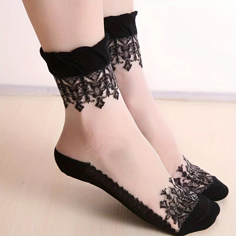 1 Pair Floral Lace Glass Socks, Soft & Breathable Short Socks, Women's Stockings & Hosiery