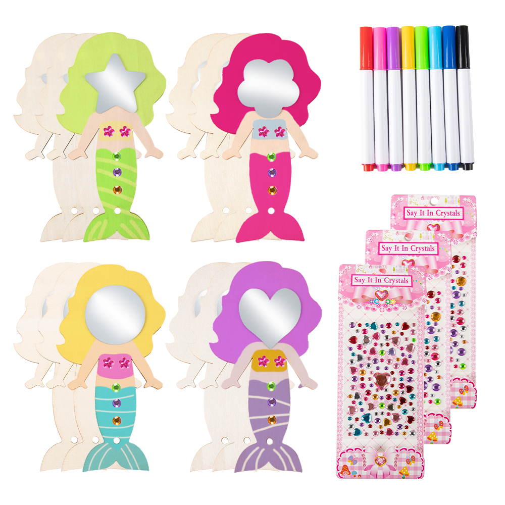 12pcs Wooden Cartoon Mermaid Mini Handheld Handmade Mirror Unfinished Princess Mirror Crafts DIY Painting Mirror Toys Favors