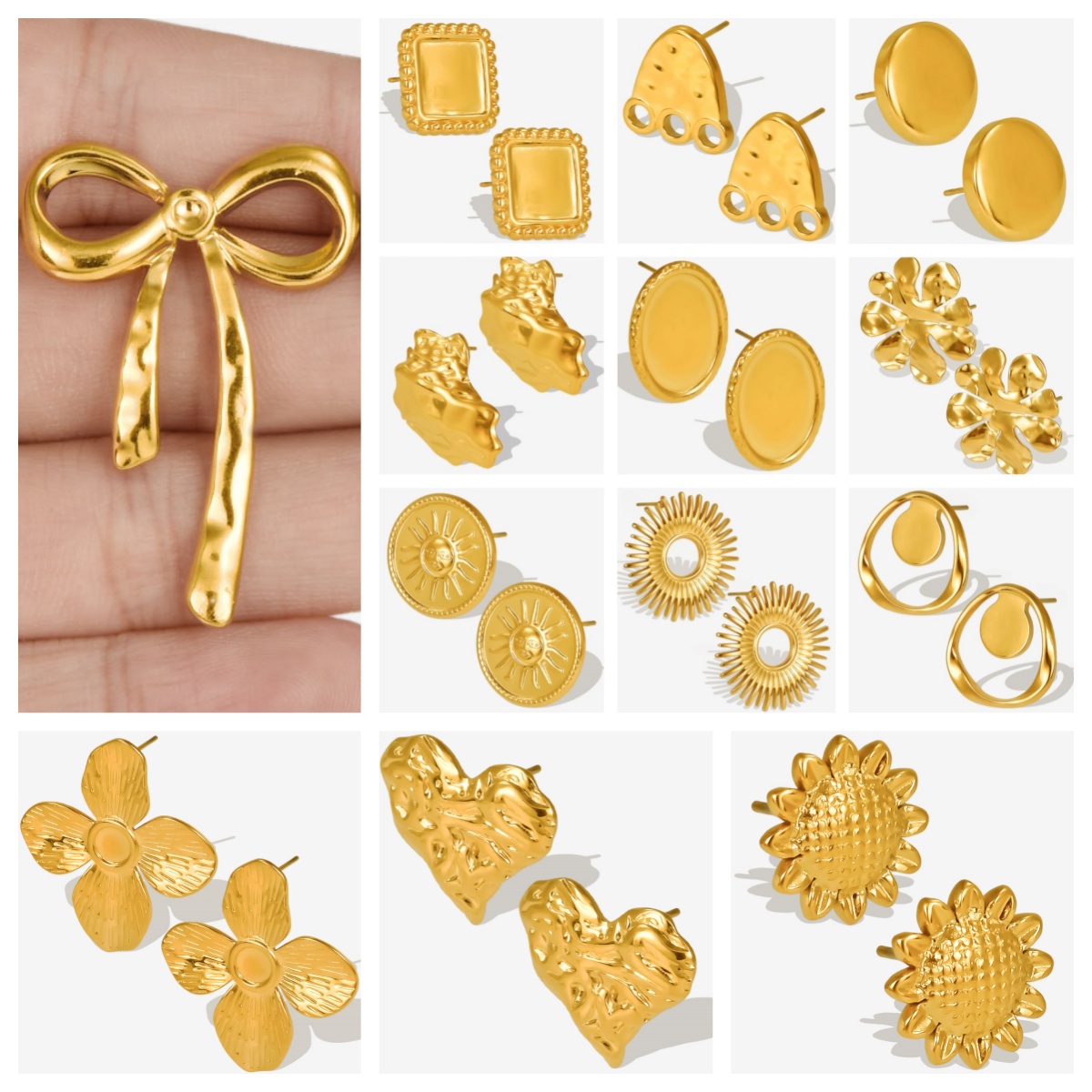 6pcs Fashion New High Quality No Fading Metal Earring Geometry Folds Stainless Steel Ear Accessories Sunflower Bow Earrings