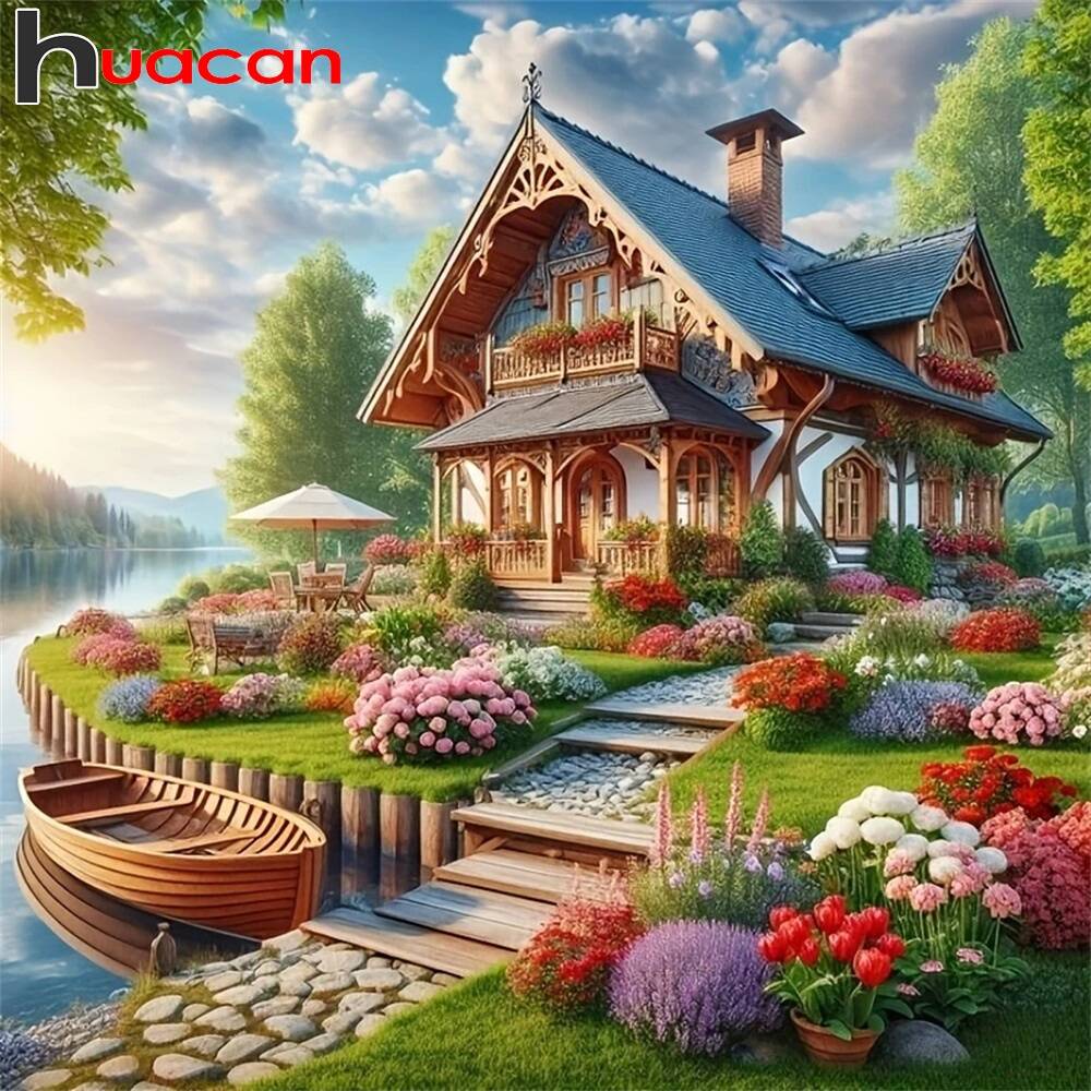 Huacan Diamond Painting Kits House Path Small River Landscape Full Round Square Diamond Mosaic Home Decoration Modern