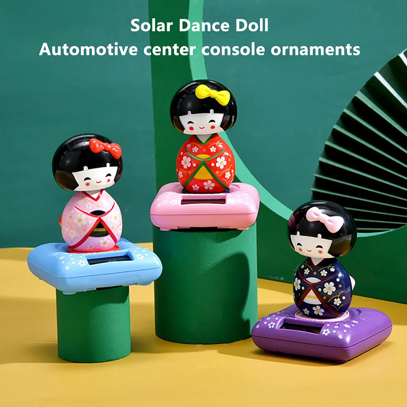 1PC NEW Solar Powered Japanese-Style Doll Car Ornament Kimono Girl Shaking Head Nod Head Cartoon Doll Dashboard Cute Car Decor