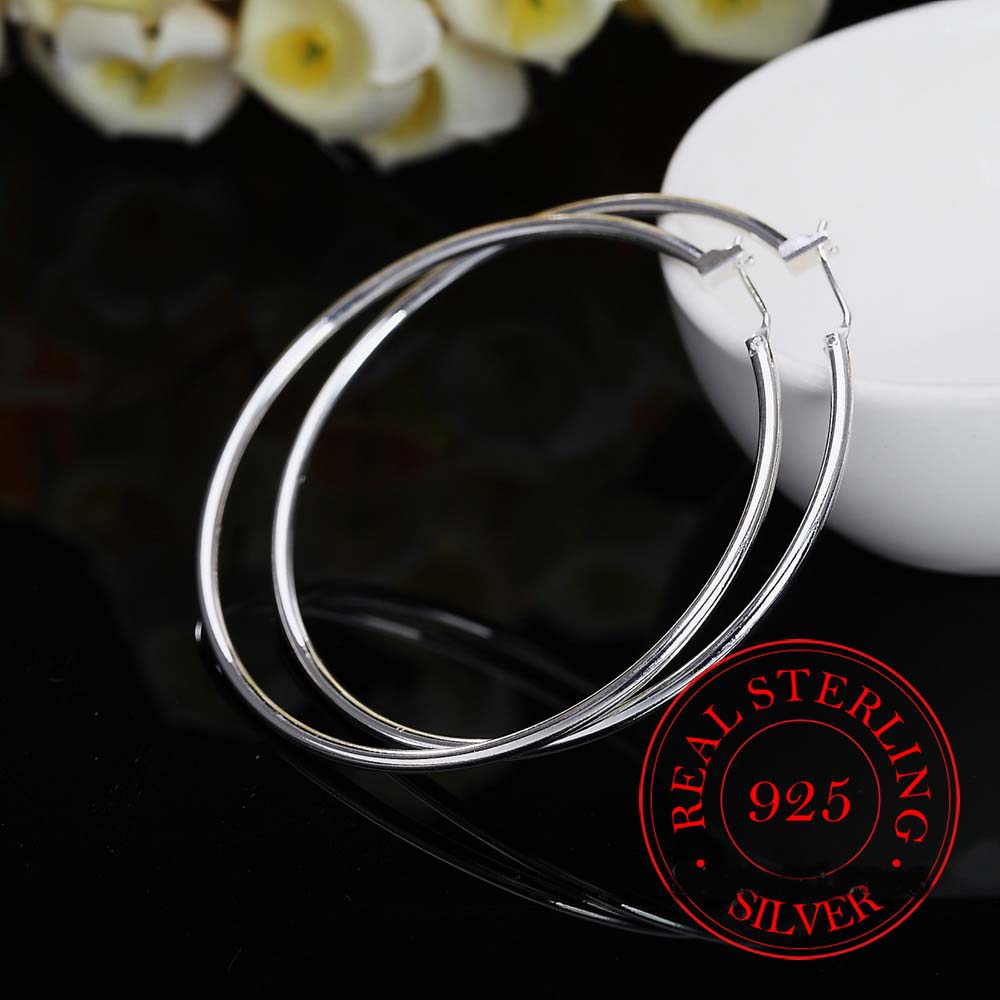 41MM 925 Sterling silver Smooth Circle Big Hoop Earrings For Women Fashion Party Wedding Jewelry