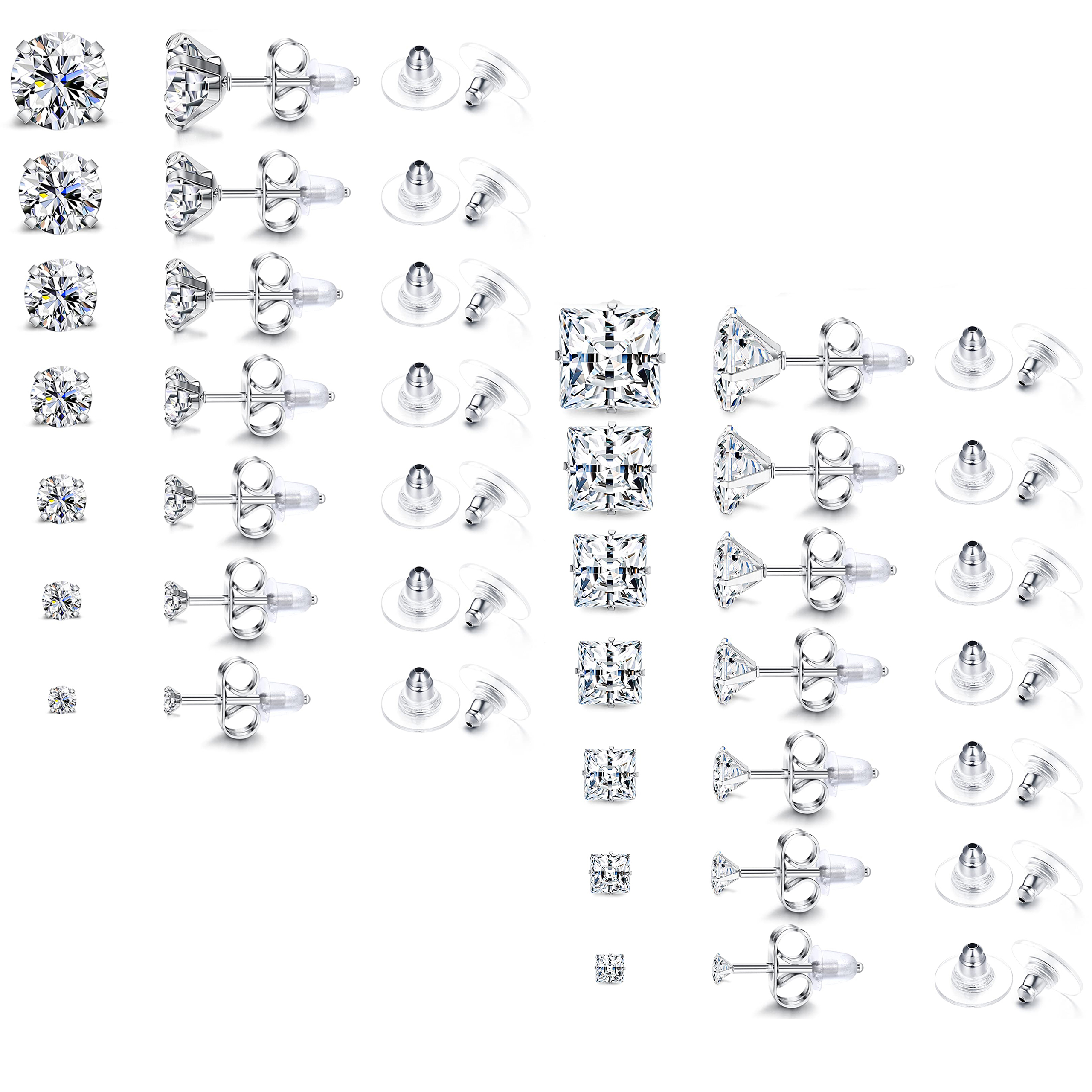1pair 316L Stainless Steel 2-8MM Round/Square Crystal Cubic Zirconia Stud Earrings Set for Women Men Cartilage Helix Ear Jewelry