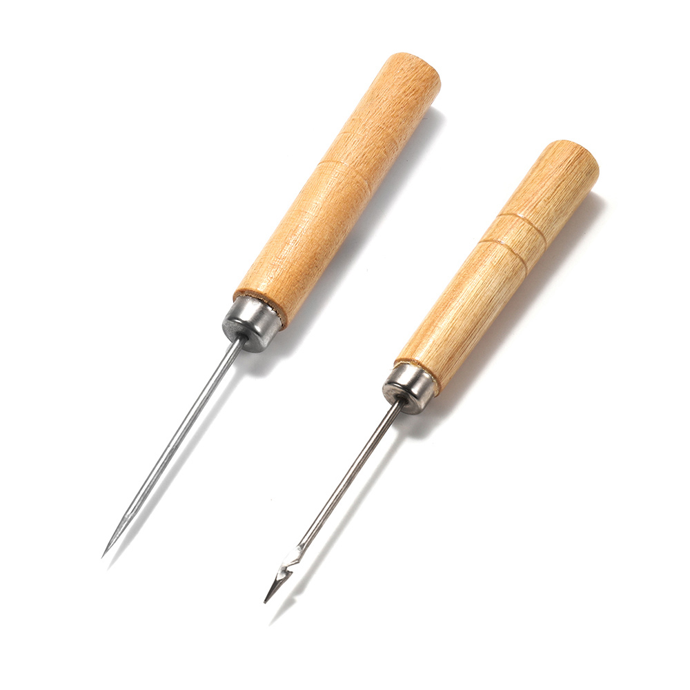 2pcs Wooden Handle Sewing Awl Hand Stitching For DIY Leather Bracelet Jewelry Making Repair Tool Punch Sewing Needle Hook Tool