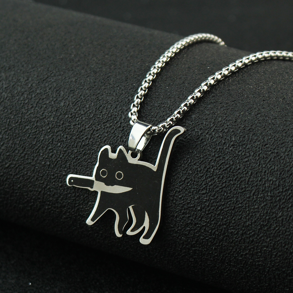 Titanium Steel Hip Hop Killer Cat Necklace for Women Men Cute Punk Retro Doodle Black Cat Pendant Chain New Jewelry Props