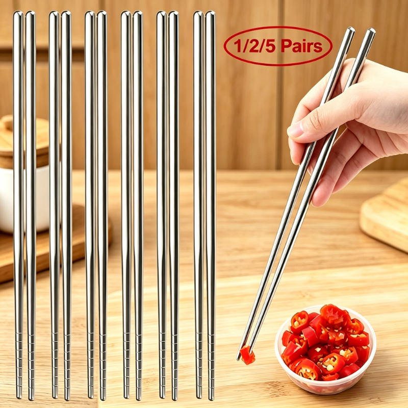 5 Pairs Chinese Chopsticks Stainless Steel Non-slip Sushi Chopstick Korean Japanese Food Metal Sticks Kitchen Tableware Set