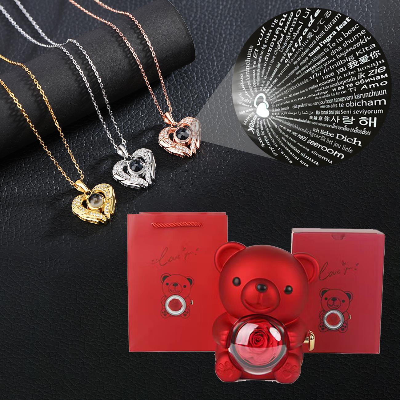 Heart 100 Languages Projection Pendant Necklaces With Cute Bear Rose Flower Gift Box 2024 New Festival Gifts Romantic Jewelry