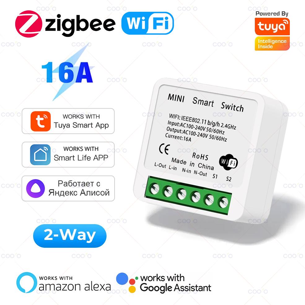ZigBee WiFi Smart Switch 2-Way Control 110-240V 16A Intelligent Breaker Tuya/Smart Life App Works with Alexa Assistant