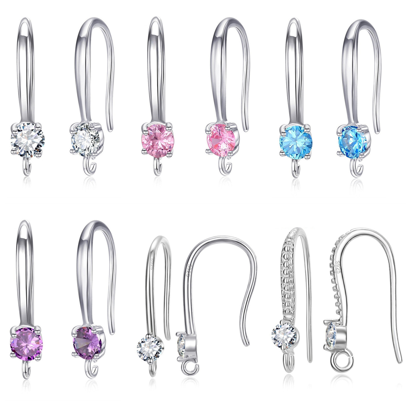 Authentic 925 Sterling Silver Stamp S925 Hook Earrings White Pink Blue Purple Cubic Zircon Ear Jewelry Accessories Findings
