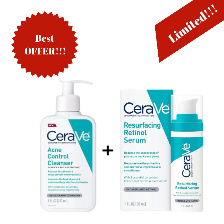 CeraVe Acne Control Face Cleanser 237ml + Resurfacing Retinol Serum 30ml Set [237ml + 30ml]