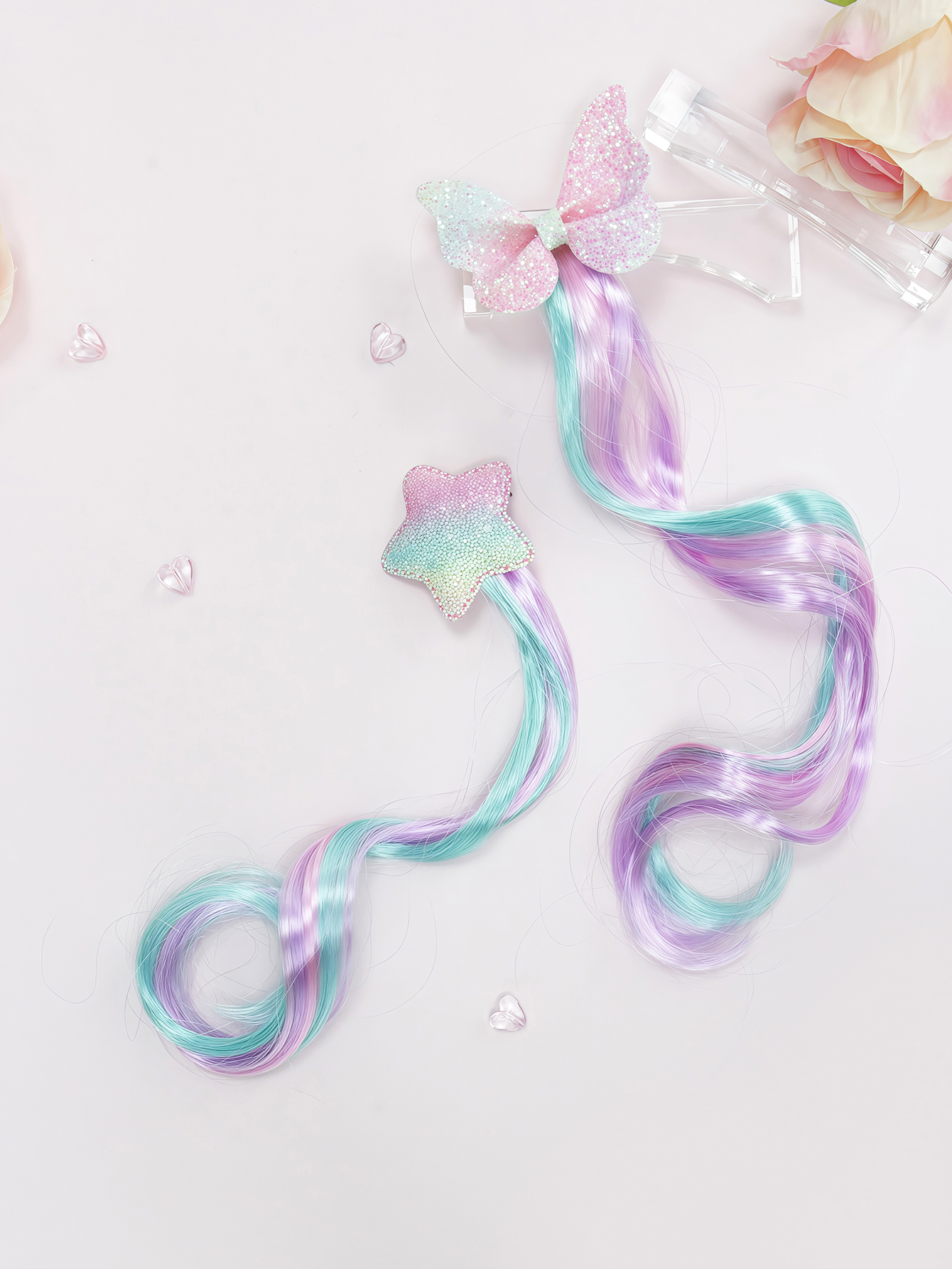 1pc Sweet and Cute Gradient Curly Hair Clip for Girls - Colorful Gradient Star/Butterfly Hair Clip with Braidable Fake Hair