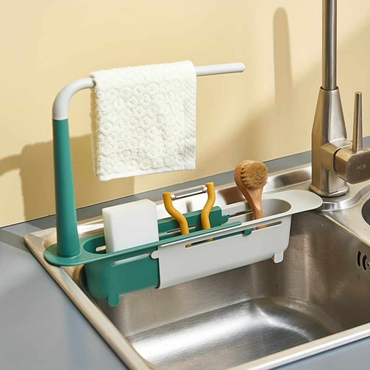 Telescopic Over Sink Organizer Rack Adjustable Kitchen Storage Tray for Soap Sponge Towel with Ventilated Design Drain Rack