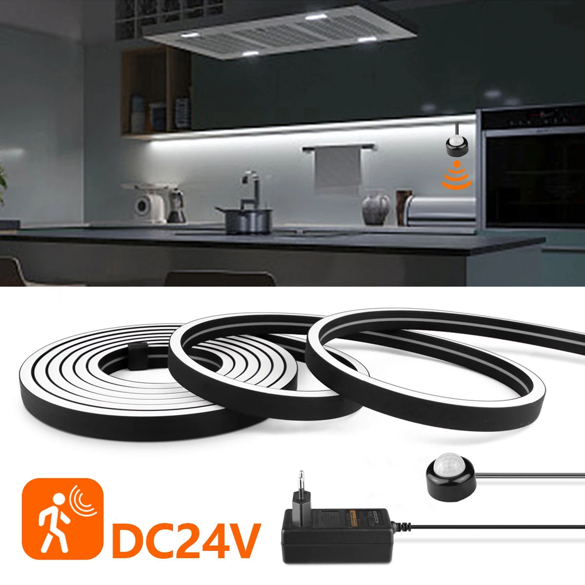 LED Night Light Neon Strip 24V Smart Human Sensor Black Silica Gel Tube Night Motion Induction Lamp for Bedroom Bathroom Stairs