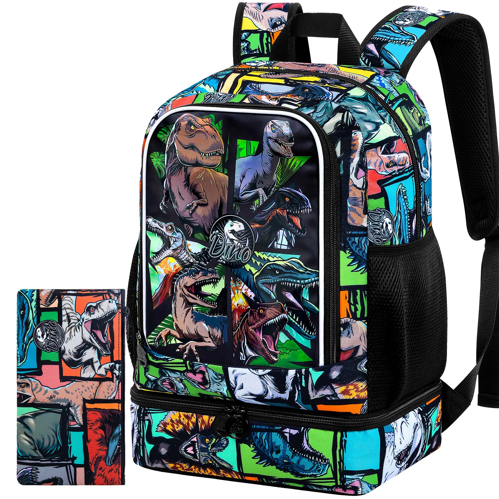 2 In 1 Dinosaur Backpack for Boys, 17 Inch Kids School Bookbags with Lunch Box, Kindergarten Preschool Backpacks