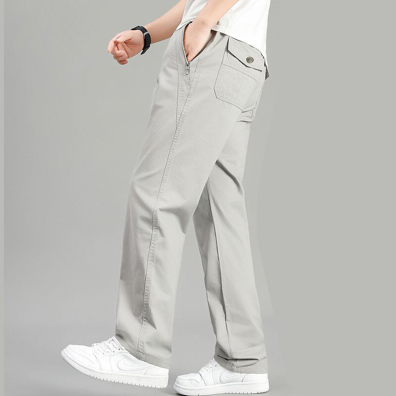Men's Cotton Cargo Pants Summer Elastic Waist Pants Sport Jogger Long Trousers for Hiking Fishing Running Workwear Trousers Men