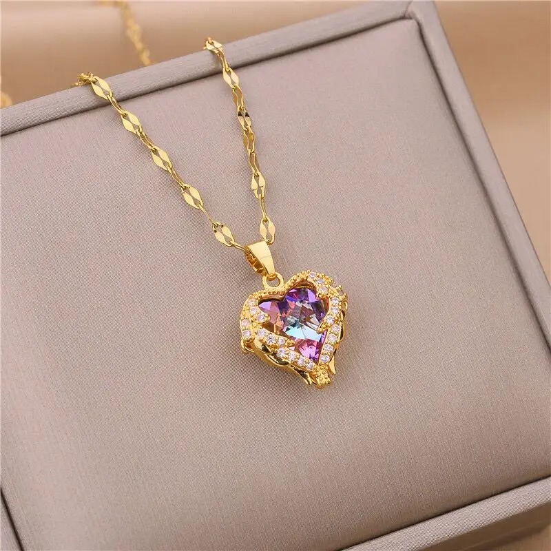 Super Luxury Colorful Crystal Ocean Heart Necklaces For Women Korean Fashion Stainless Steel Jewelry Female Wedding Accessories
