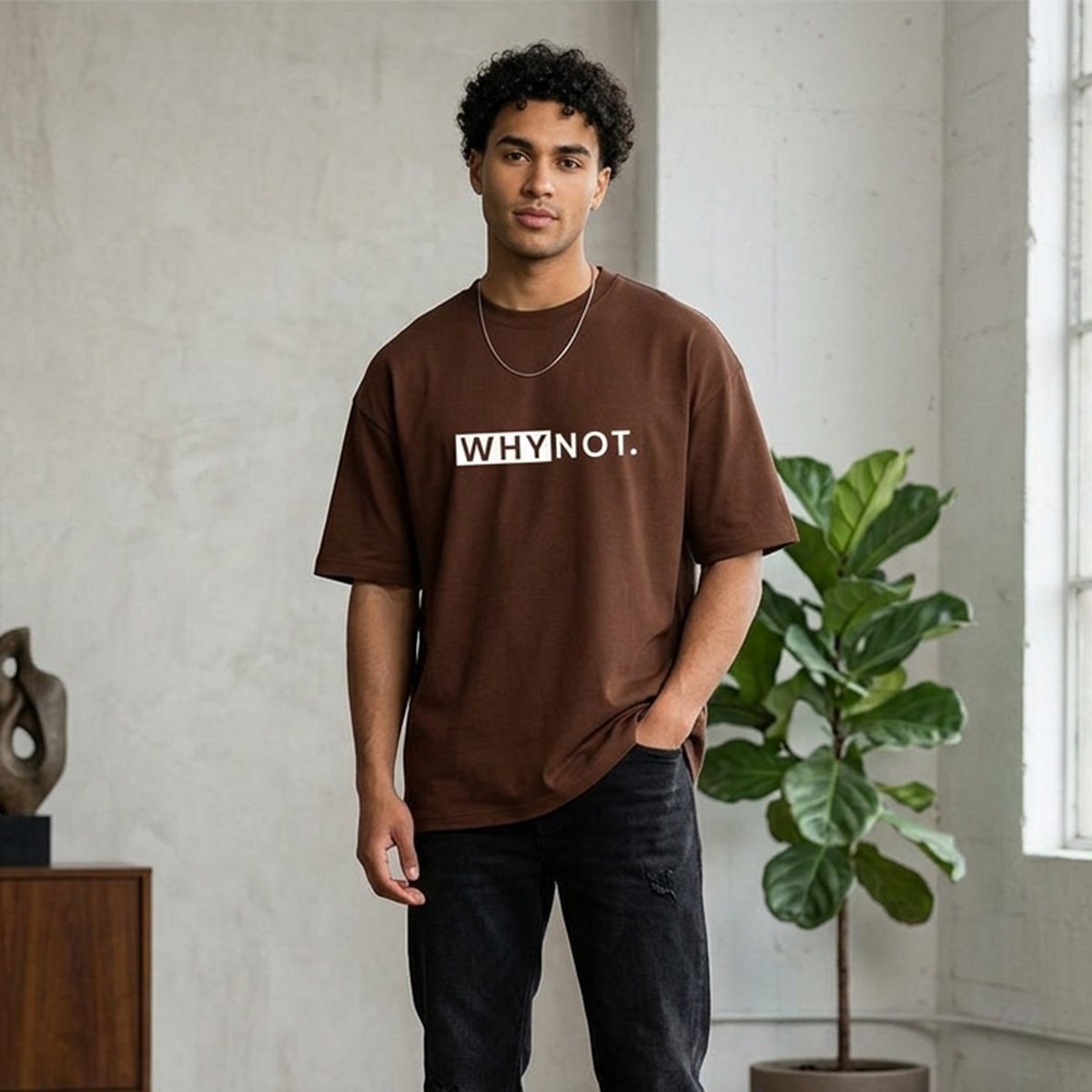 Why Not Black Oversize Crew Neck Printed T-shirtFor Men / FARGO