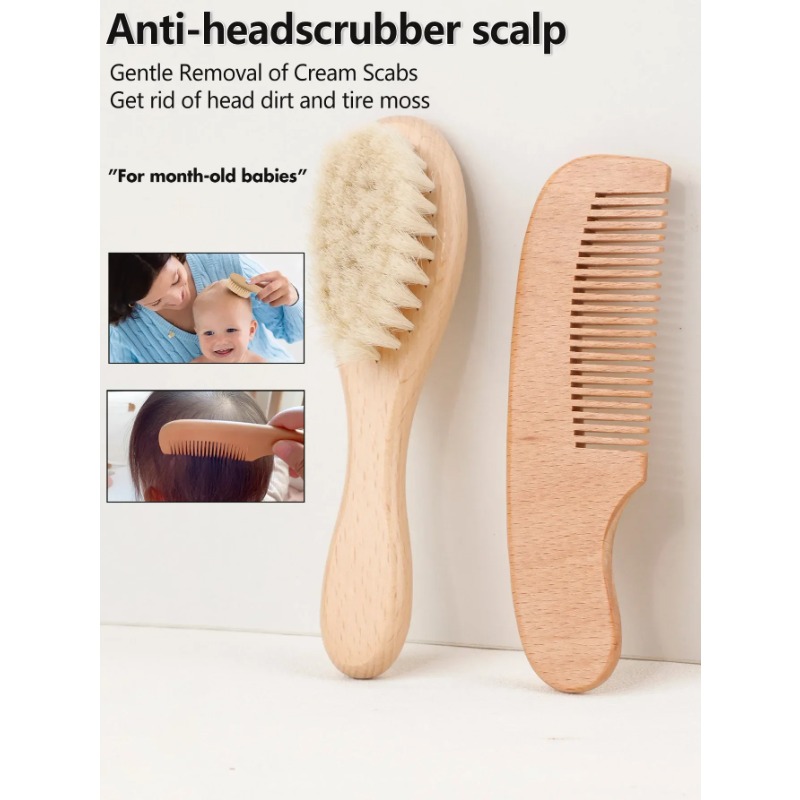 2pcs Baby Wood Brush Hair Brushes Airbag Comb Flat Combs Portable Baby Shampoo Brush Wool Soft Brush Hair Comb Set Toddler Combs