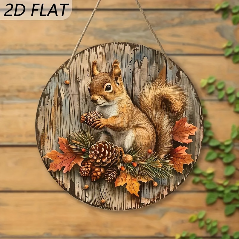 2D Flat, 1pc Decorative Art Style Autumn Harvest Squirrel and Maple Leaf Round Wooden Wall Hanging Decoration - 7.87in (20cm) Fa