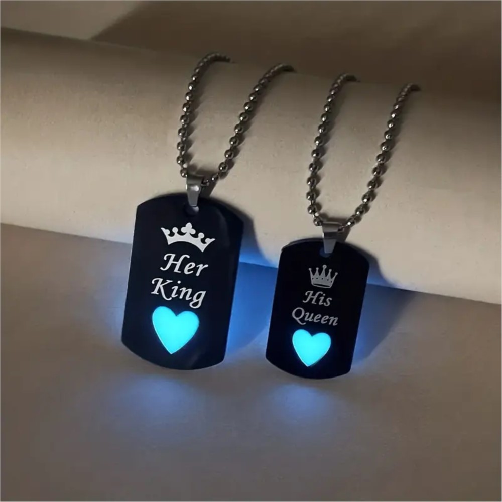 Stainless Steel Luminous Love Heart Her King & His Queen Crown Pendant Necklace for Women Couple Necklace Jewelry