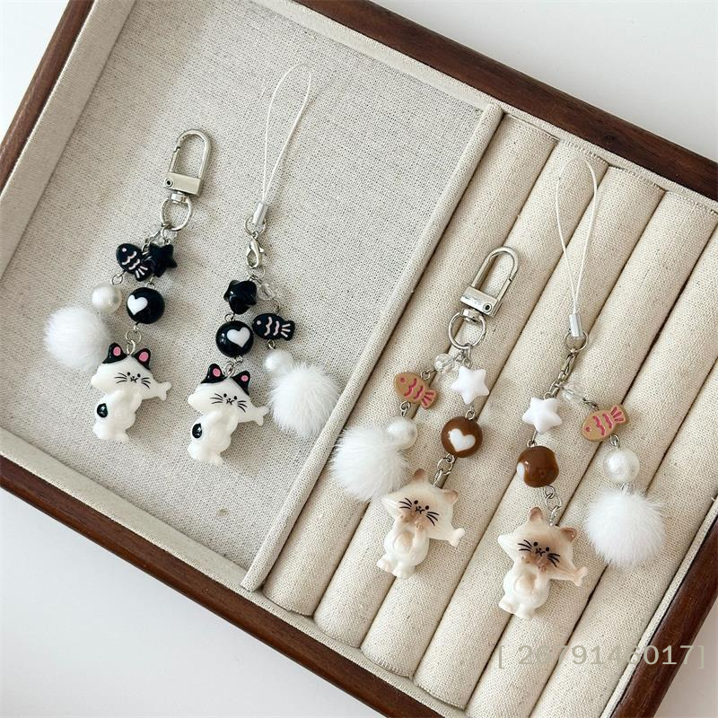 【YY26】Cute Kitten Cat Fur Ball Bead Keychain Pendant Star Fish Charm Lanyard Girl Phone Chain Lovely Bag Ornament Couple pen gpt