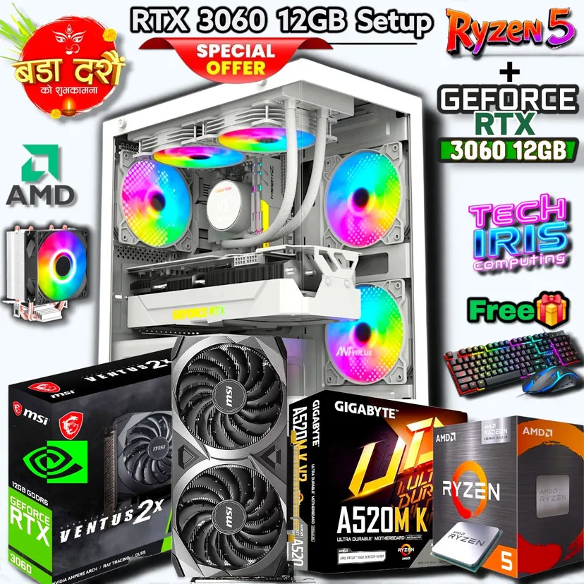 RTX 3060 12GB Graphics Powered PC Setup With B550M/B450M Board, 8/16GB DDR4 RAM, 650Watt Bronze PSU Gaming Editing Computer Desktop.