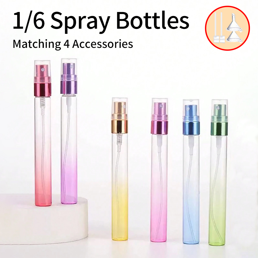 6pcs+4 accessories 10ml gradient color refillable perfume bottle with 6 spray bottles, funnels, 2 dispenser divider