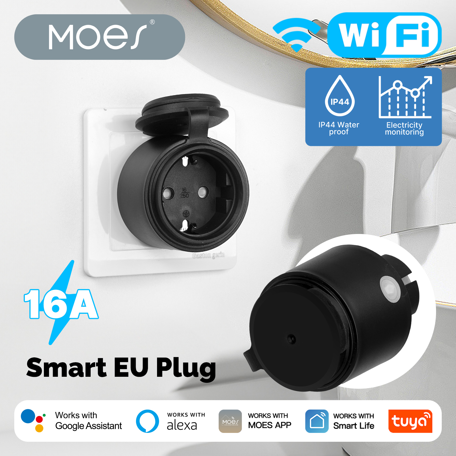 MOES WiFi Smart EU 16A Socket Plug Save Electricity Widely Application Child Lock Tuya APP Alexa Remote Control IP44 Dustproof