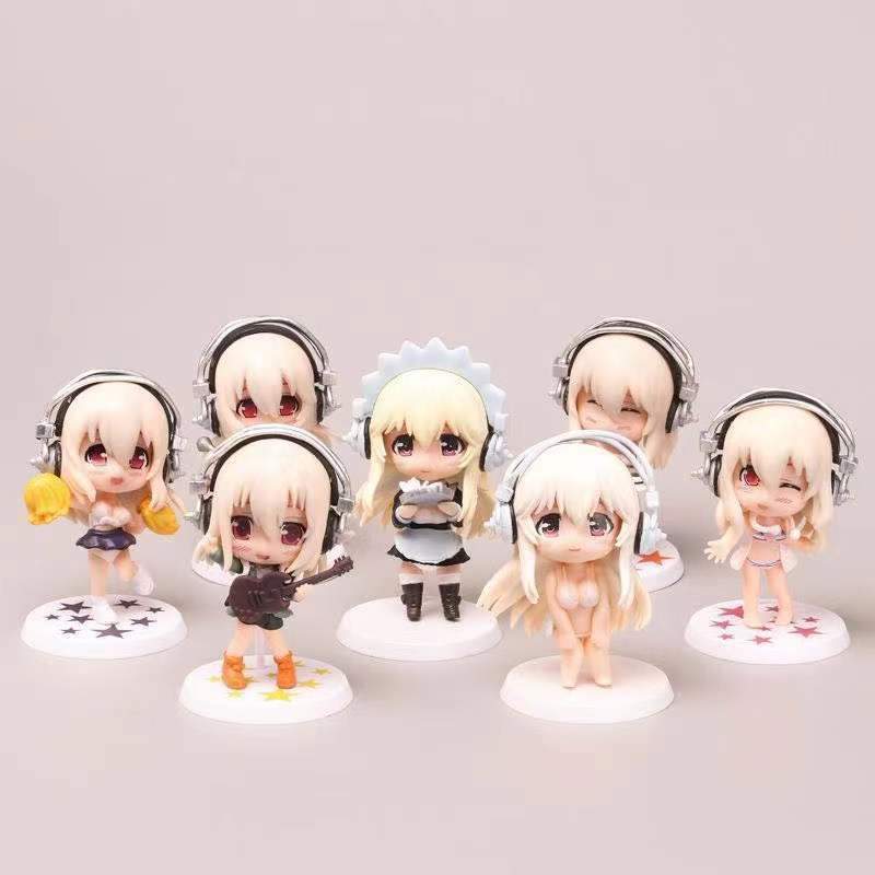 7 pieces 10CM New Anime SUPER SONICO Cute Chibi Swimsuit Maid Figurine PVC Blind Box Model Toy Collectible
