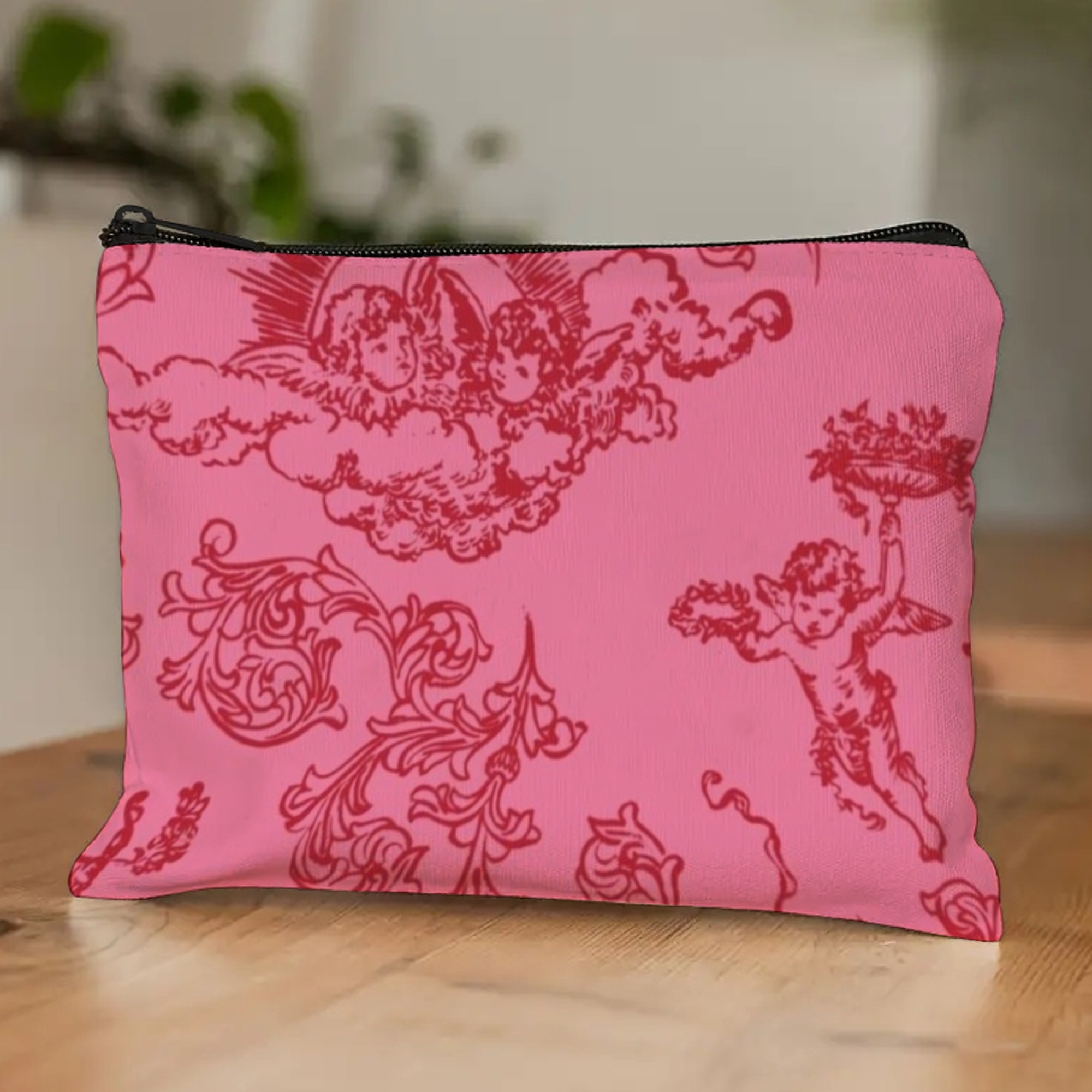 Sweet Romantic Cherub Cupid Cosmetic Bag with Pink Background & Red Prints Lovely Organizer for Lipstick & Blush Ideal Gifts