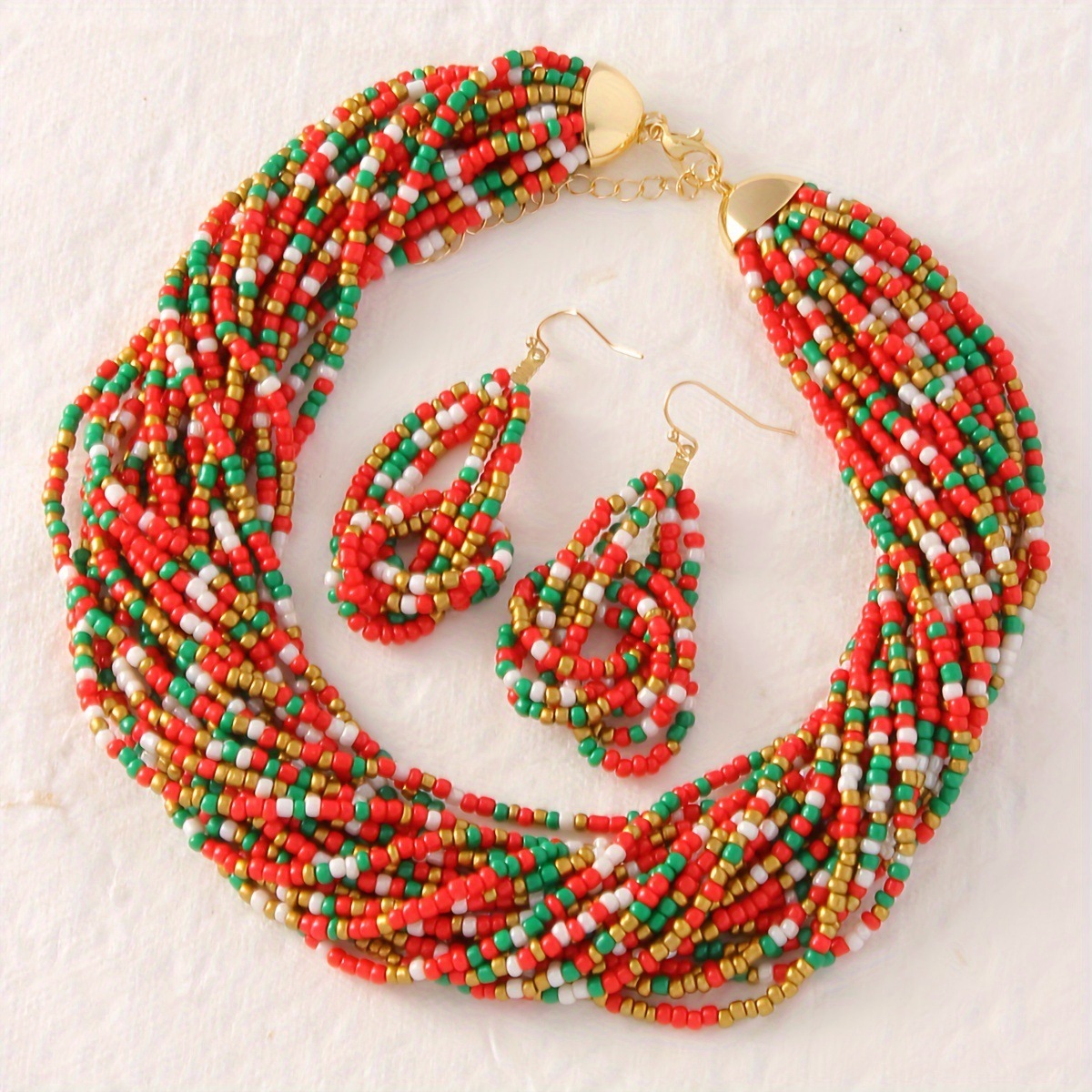 1 necklace +1 pair of earrings Bohemian color mixed color retro ethnic style necklace and earrings jewelry set s