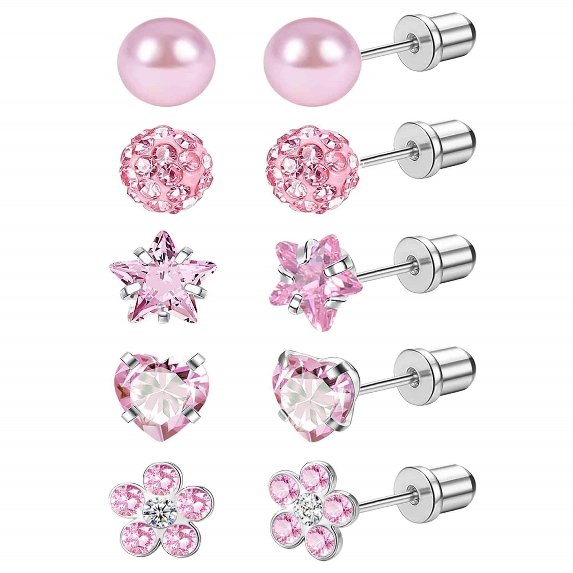 5 Pairs Screw Back Earrings for Women Girl ScrewBack Earrings Cute Pink Pearl Heart Star Flower Earrings Studs