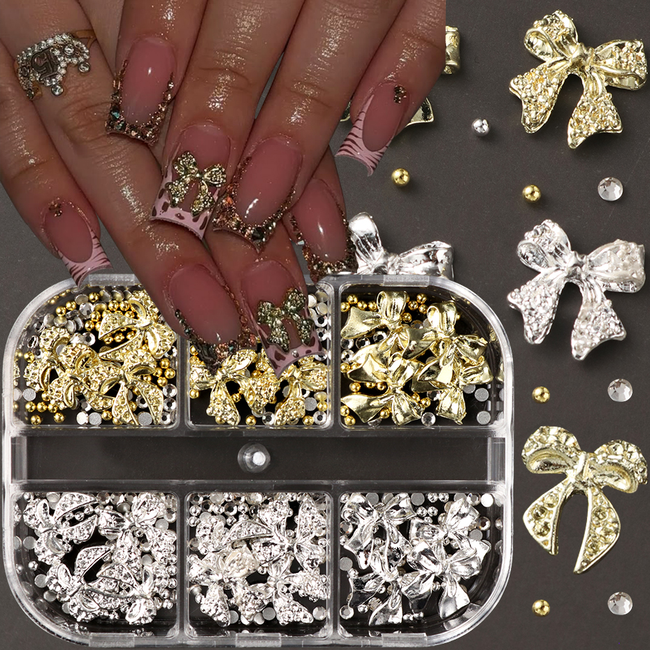6 Girds Golden Silvery Metal Bow Knot & Star Nail Decoration Cute Bowknot Punk Star with Small Steel Ball Design DIY Nail Decor