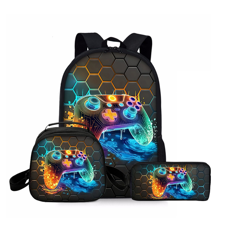 Game Controller Pattern Three Piece Set Backpacks for Boy and Girls Best 2D Flat Cartoon School Backpack for Children