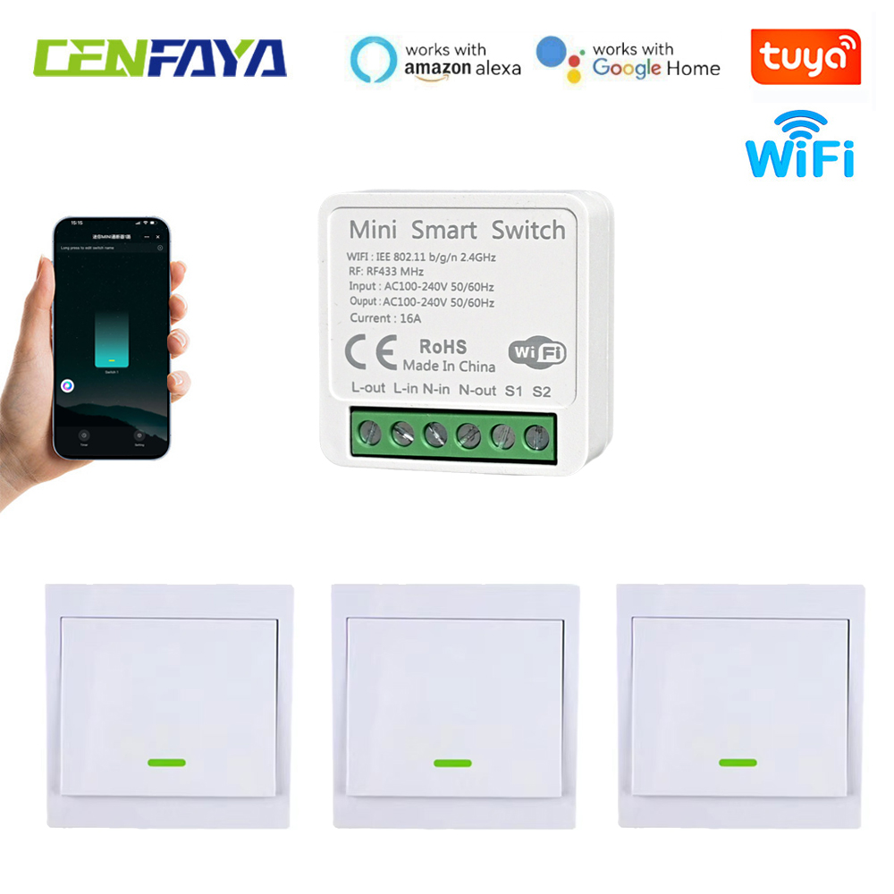 CENFAYA TUYA WiFi Mini Smart Light Switch 110V 220V 230V RF 433Mhz Wall Panel Remote Control Timer For Alexa Assistant
