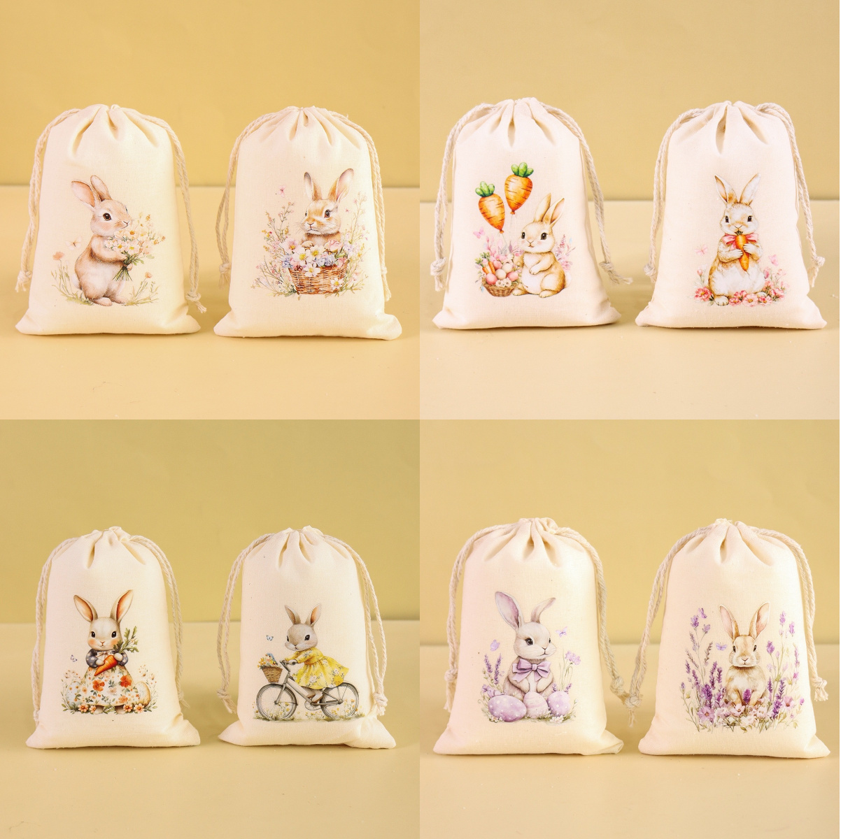 6pcs/pack Cute Easter Bunny Drawstring Bags Reusable Cotton Goodie Bag Candy Bags for Happy Easter Party Favors Supplies
