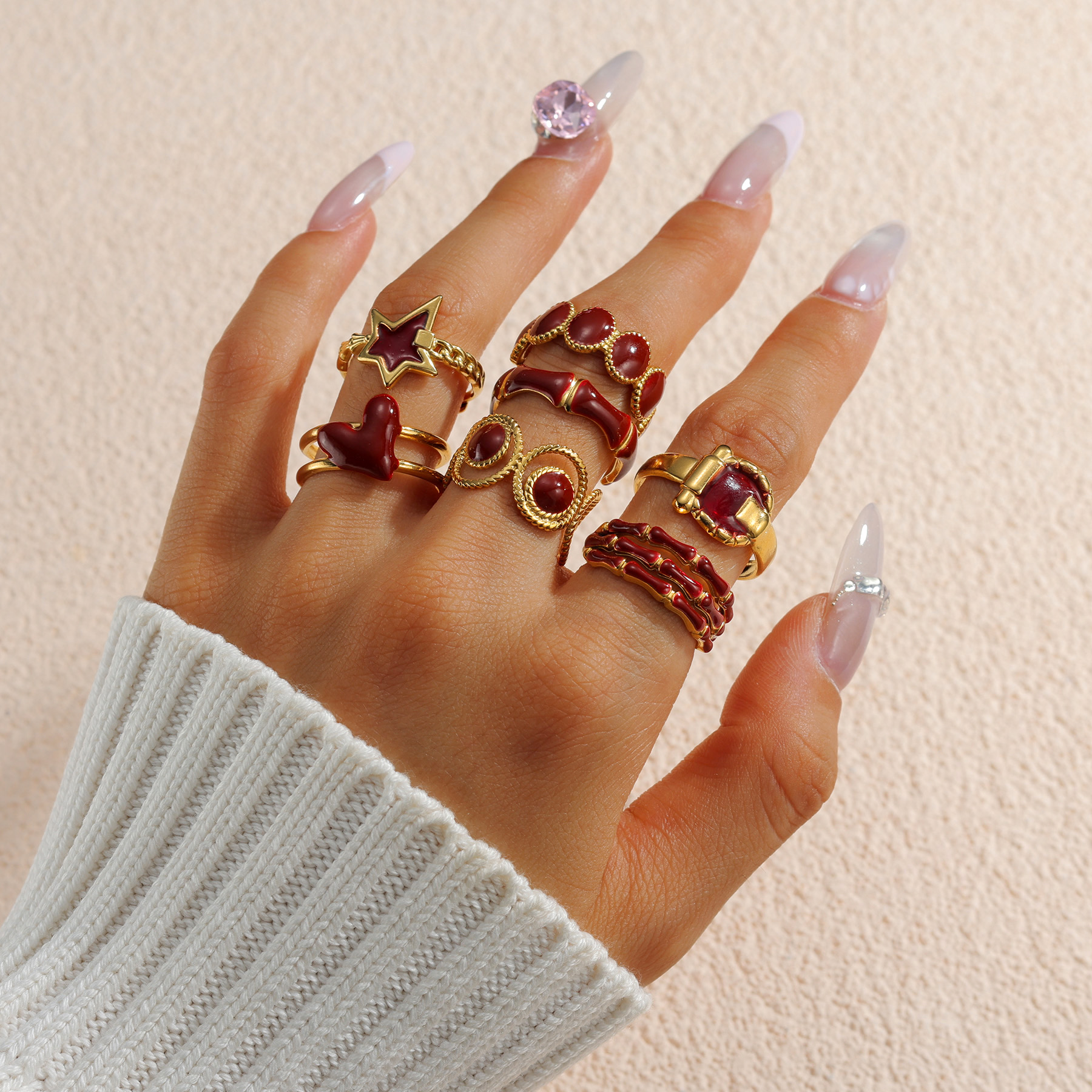 Vintage Classic Red Oil Drop Open Ring for Women Gold Plated Stainless Steel Fashion High Quality Daily Party Jewelry s