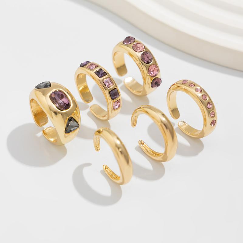 New 6Pcs Inlaid Purple Zircon Adjustable Opening Ring Set Women Smooth Gold Color Ring For Female Daily Jewelry Accessories Gift pen gpt