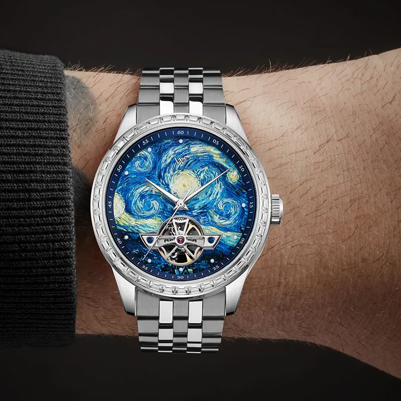 WM Watch Automatic Mechanical Watches High Quality Men Casual Starry Night Oil Painting Series Skeleton Welly Merck Watch 146M