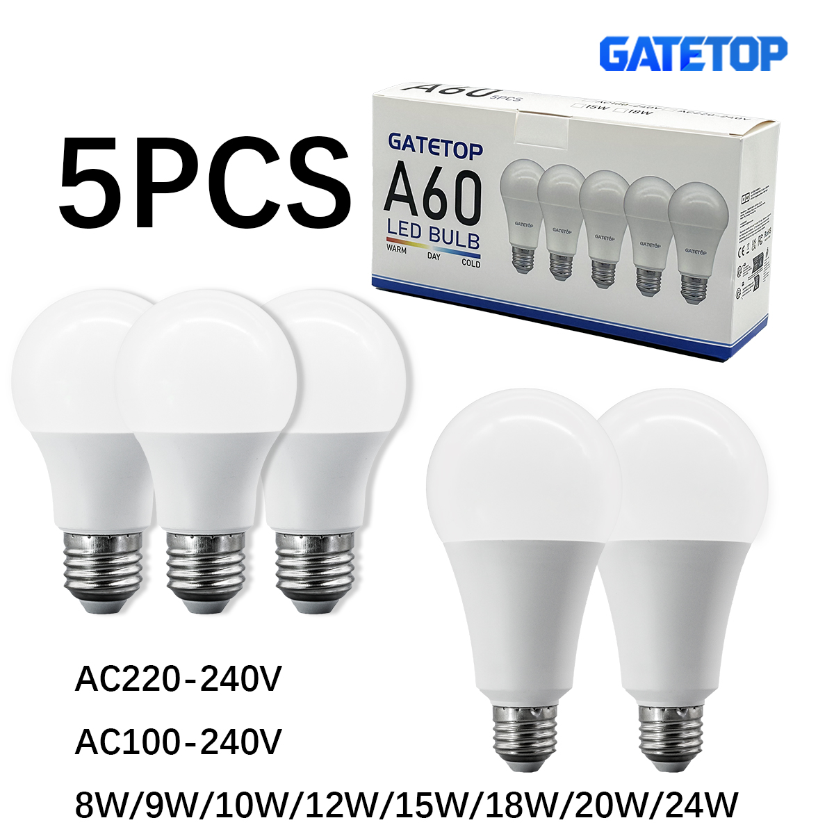 5PCS A60 A80 LED Bulb Lamps E27 Light Bulb Real Power 20W 18W 15W 12W 10W 9W 8W AC 220V Lampada Living Room Home LED Bulb