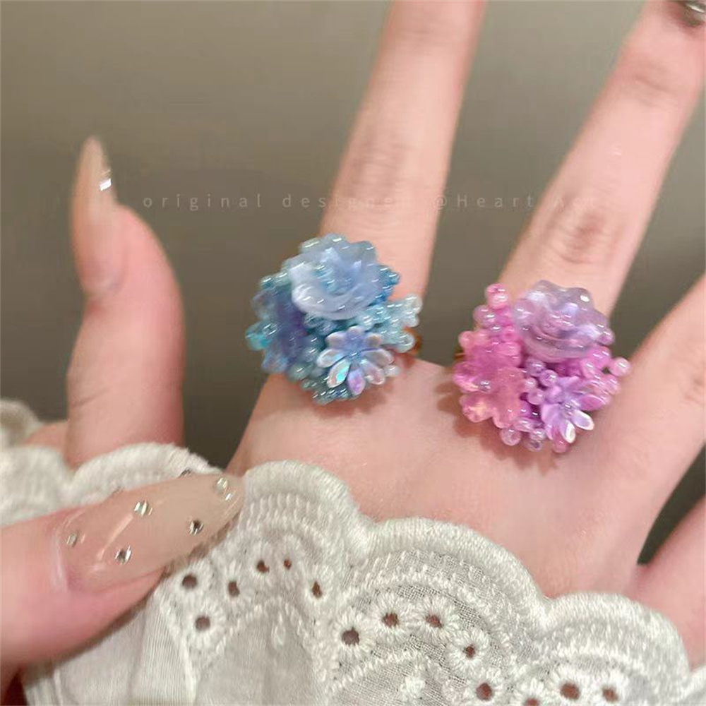 2026 Design Sense Popular Dopamine Hydrangea Flower Ring for Women Sweet Vacation Style Fresh Summer Colorful Beaded Trend Ring