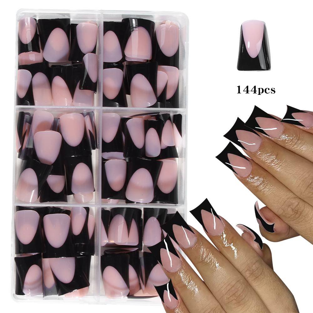 24pcs Long ducknail black French Tip Press On Nails 3D alloy cross, snake-shaped decoration with rhinestone design Fit Perfectly