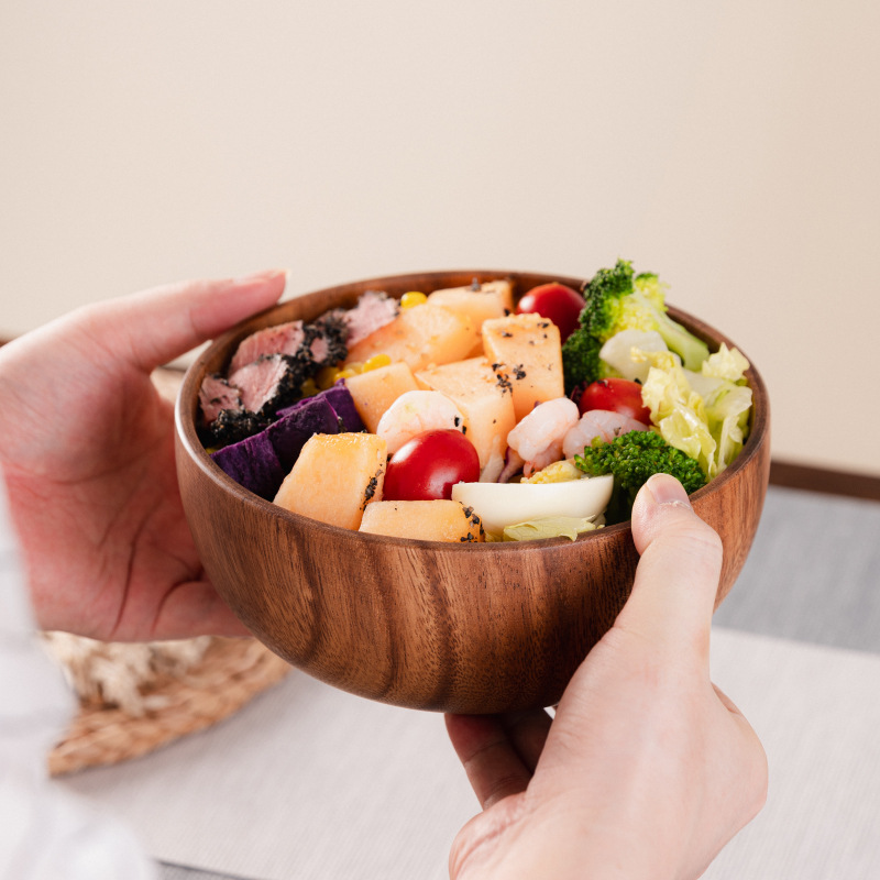 NEW Natural Hand-Made Wooden Salad Bowl Classic Round Acacia Wood Salad Soup Dining Bowl Plates Premium Wood Kitchen Utensils