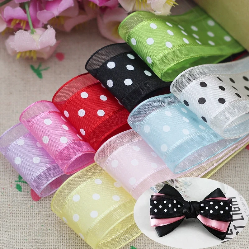 1''25mm 1meter Bilateral Organza Printing Polka Dots Ribbon Handmade Hair Bow Party Wedding Decor DIY Sewing Fabric