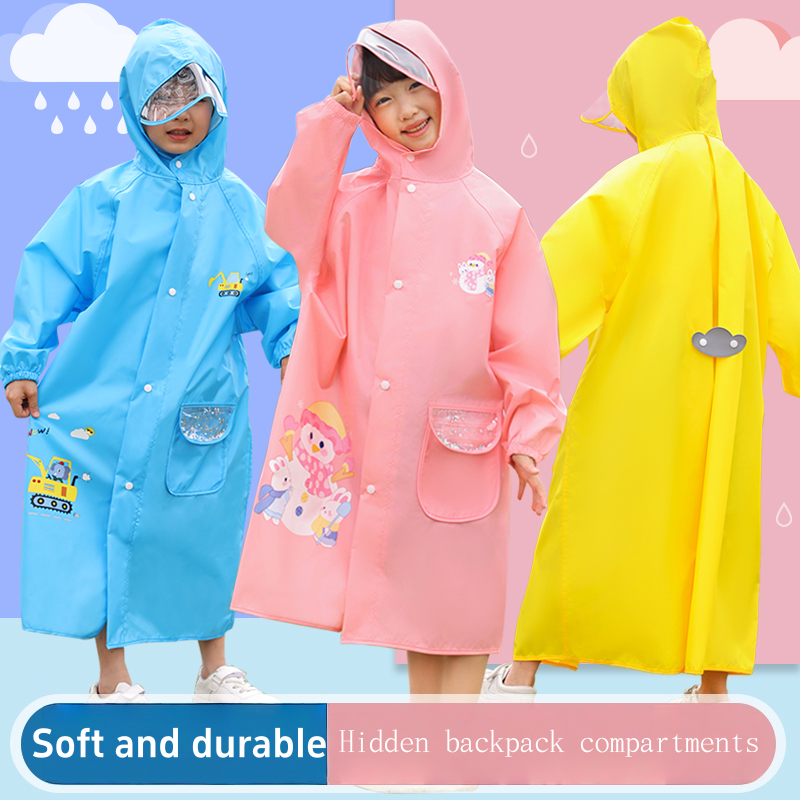 Kids Backpack Raincoat with Cartoon Print - Cute Animal Design Waterproof Hooded Rain Jacket for Toddler Boys Girls