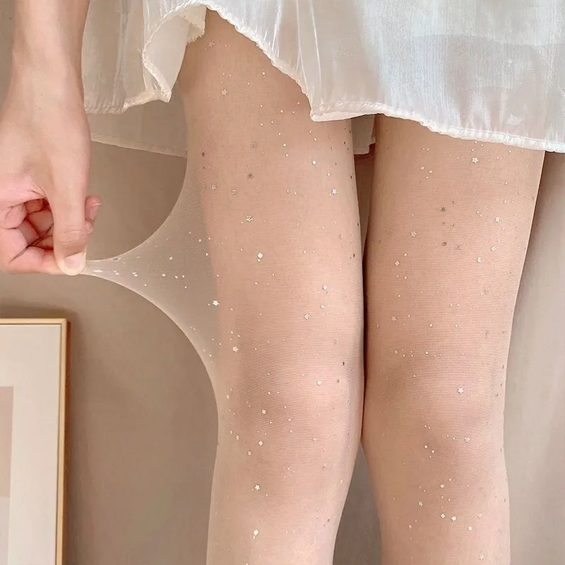 Summer Thin Pantyhose with Glitter Shinning Tights Stockings White Black Beige Silk Leg Long Stockings Socks Women Girls