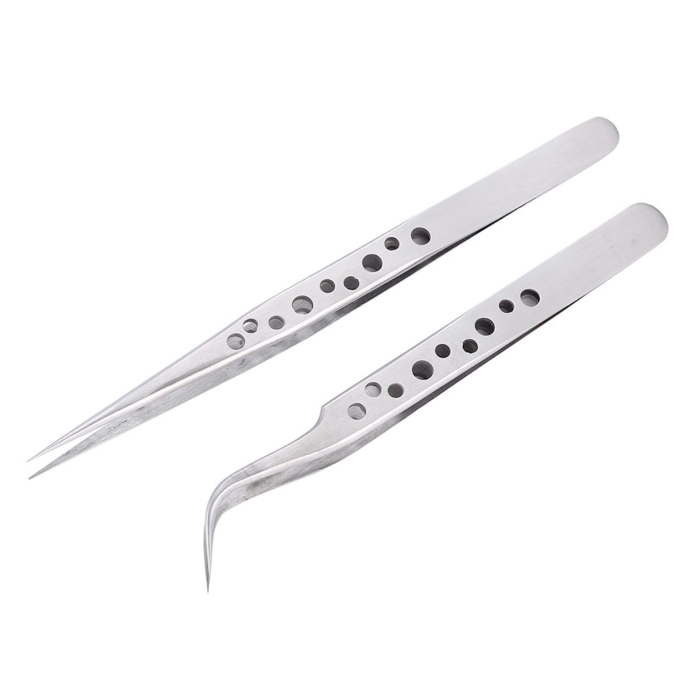 2Pcs Electronics Industrial Tweezers Anti-static Curved Straight Tip Precision Stainless Forceps Phone Repair Hand Tools Sets