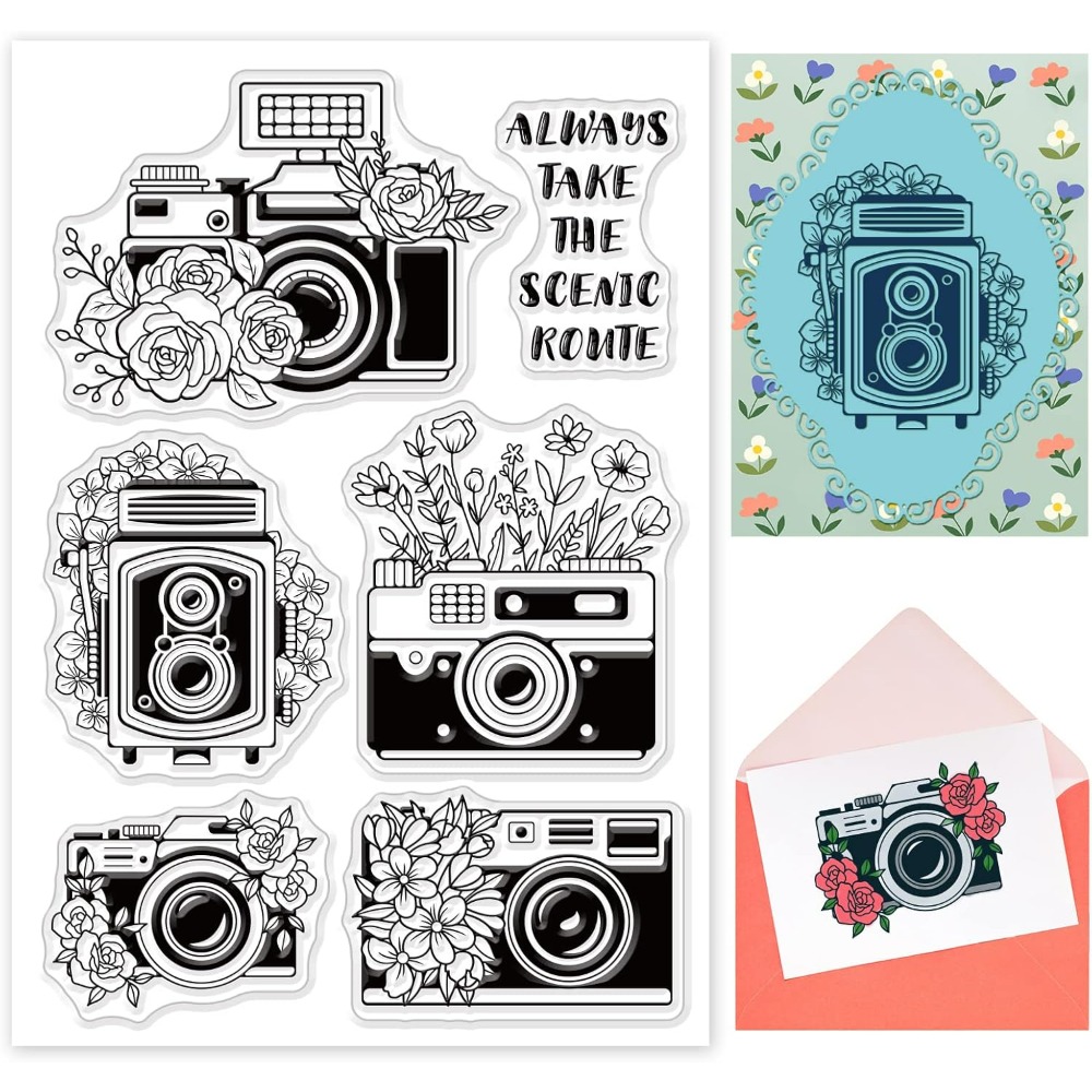 Camera Pattern Clear Stamps Plant Scenic Rose Flower Camera Silicone Rubber Stamps for Envelope Making Bookmark DIY Decorations