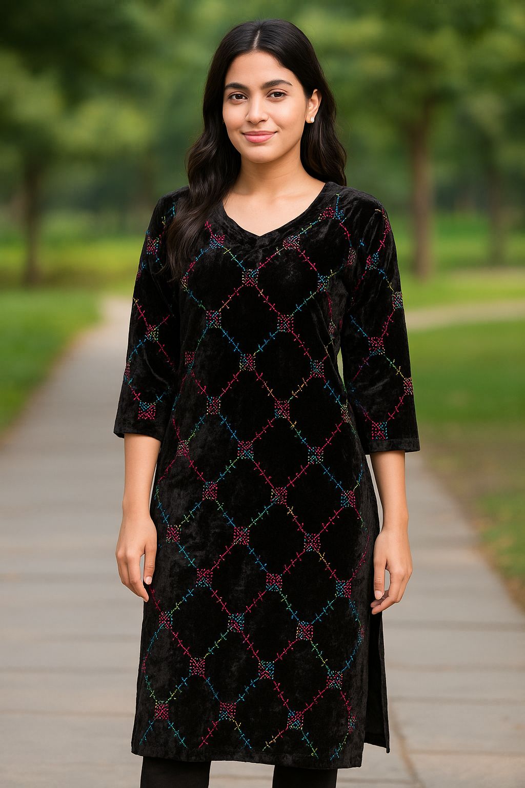 Velvet Embroidered Kurti - Premium Winter Wear (1 Piece)
